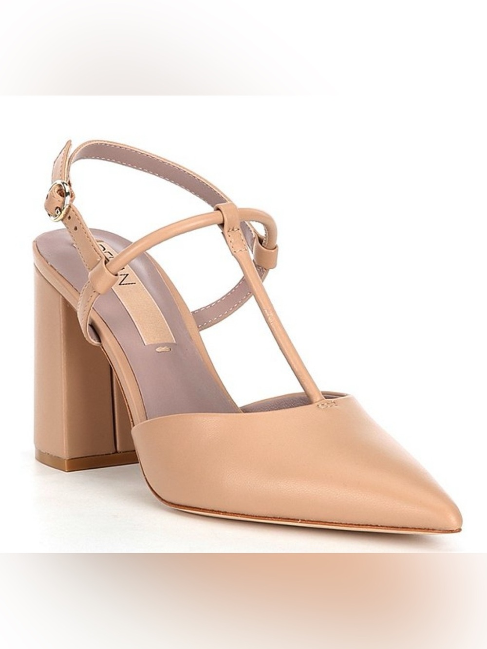 T-Strap Pointed Block Heel Pump in Nude
